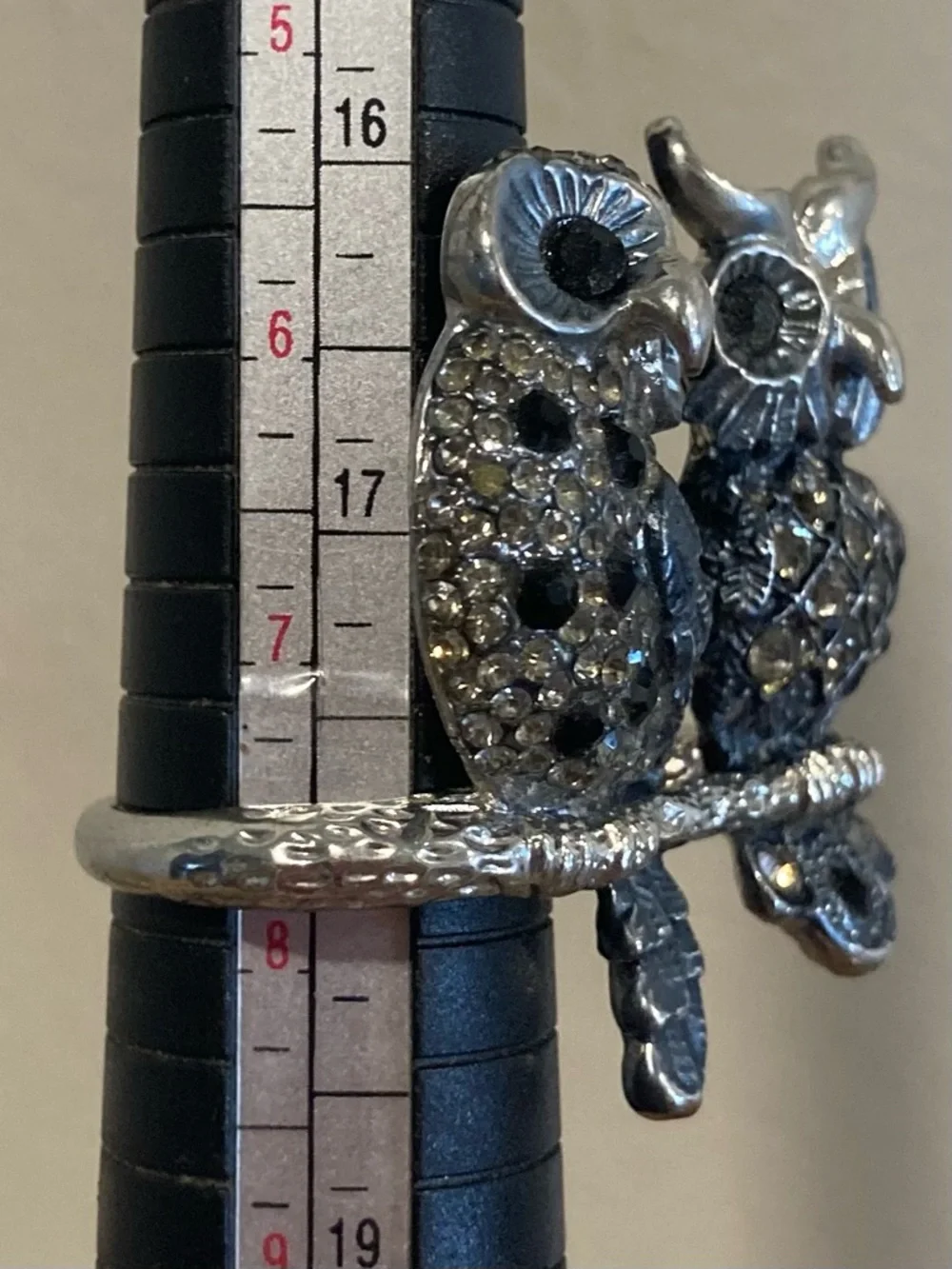 Double Owl Ring with Black Accents Silver Tone